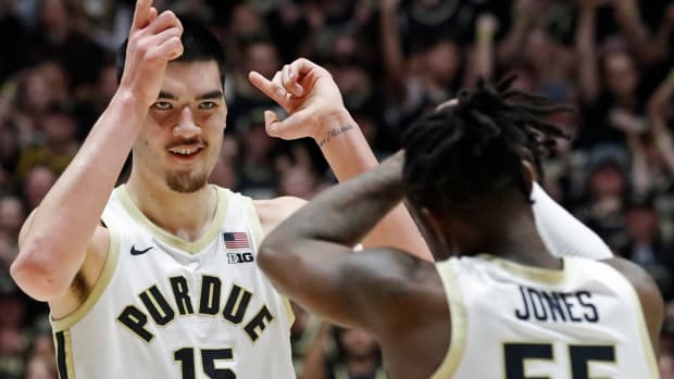 Purdue Boilermakers center Zach Edey (15) and Purdue Boilermakers guard Lance Jones (55) celebrate during the NCAA men s basketball game against the Rutgers Scarlet Knights, Thursday, Feb. 22, 2024, at Mackey Arena in West Lafayette, Ind. Purdue Boilermakers won 96-68.